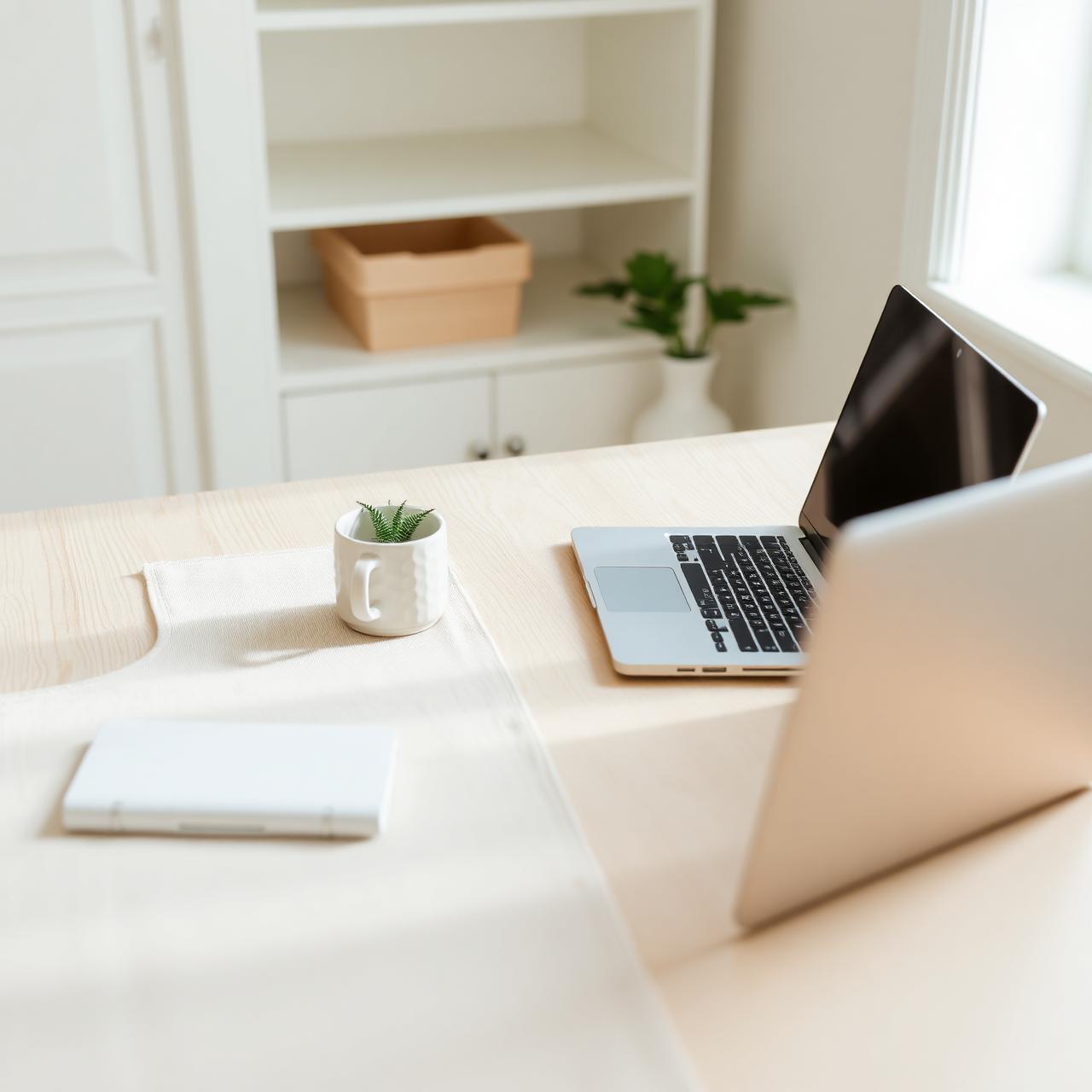 A clean farmhouse workspace with a laptop, mug, and small plant